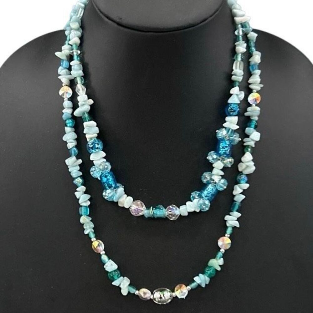 NWOT Lot Of 2 Artisan Beaded Necklaces 22" & 18" Blue Dyed Agate & Glass Beads
